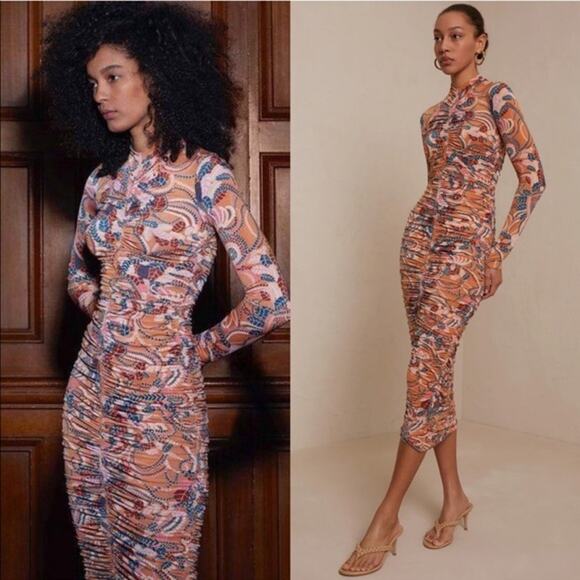 A.L.C. Dresses & Skirts - A.L.C Ansel Ruched Printed Midi Dress Clay Combo